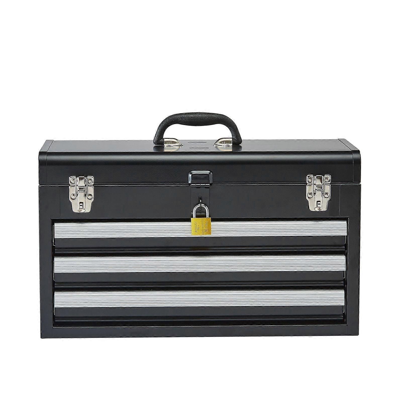 Metal Tool Box, 20.5-inch, Portable Metal Tool Box with 3 Drawers, Small Tool Chest with EVA Liners, Ball Bearing Slide Drawers Locking