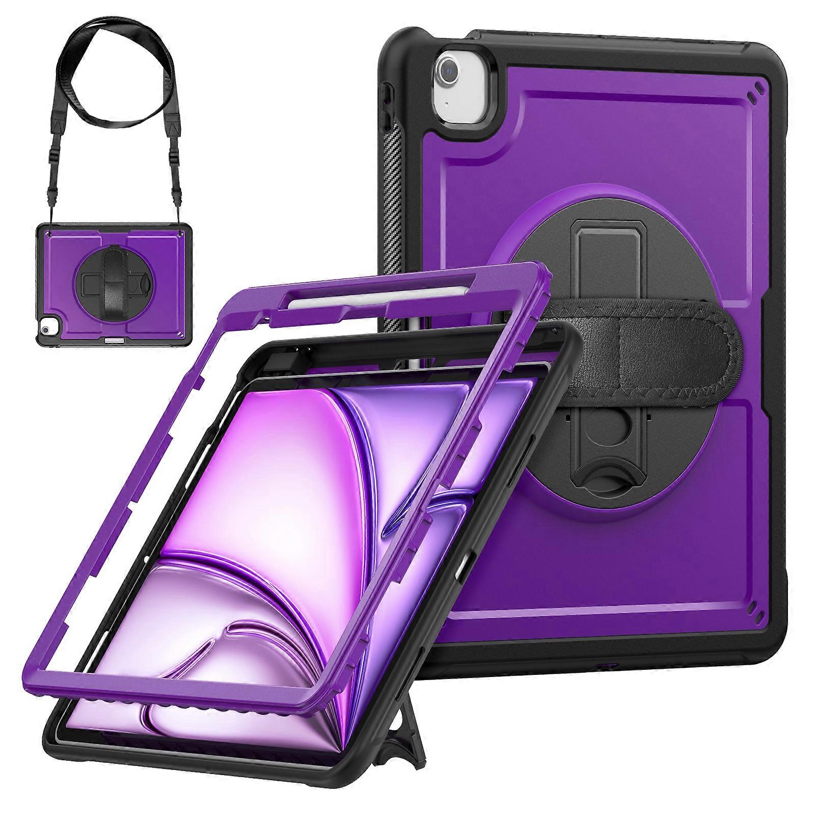 TKdaddy Para iPad Air 13 (2025) M3 A3268 (2024) M2 Case Kickstand PC + TPE Tablet Capa com Alça de Mão e Alça de Ombro Roxo