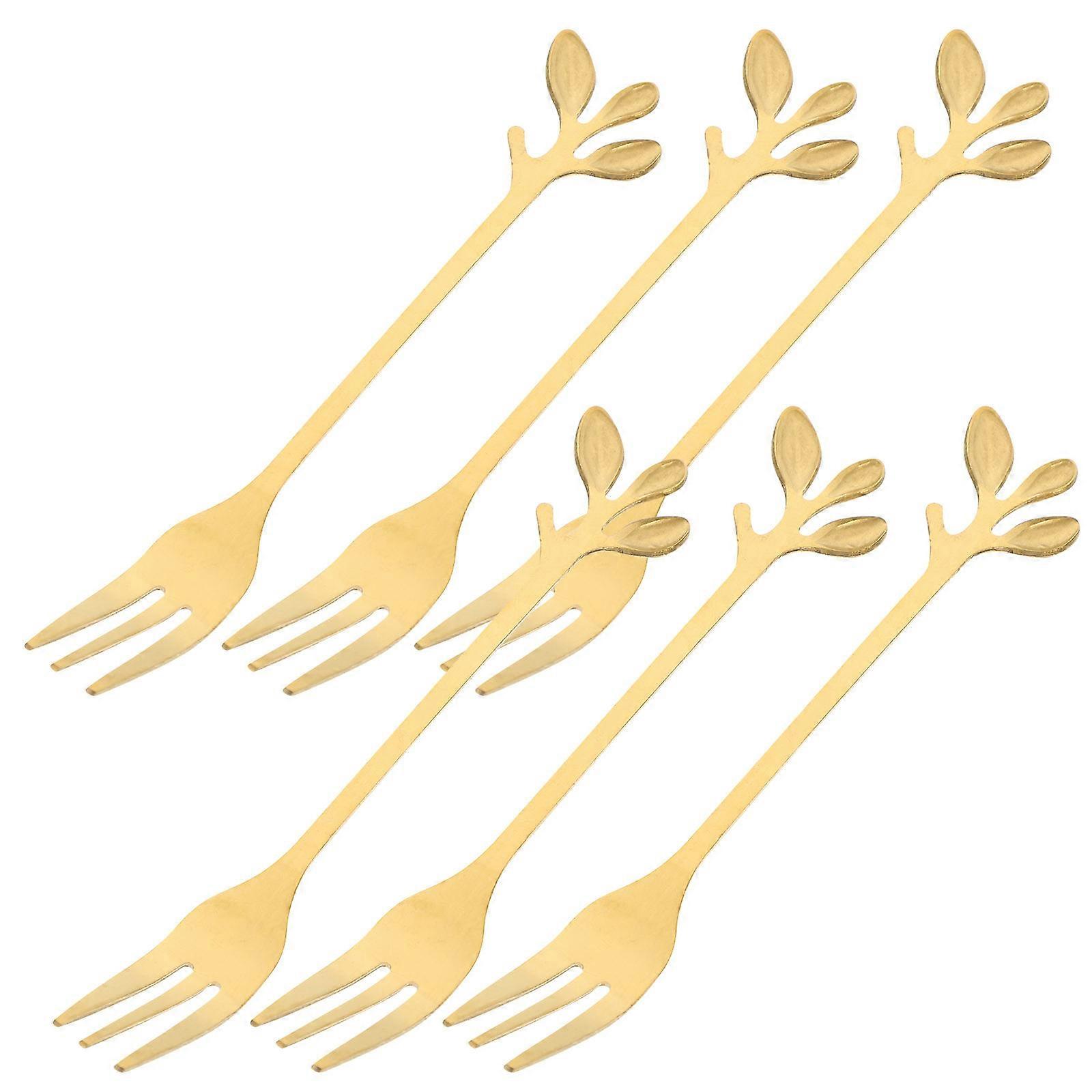 Leaf Shape Handle Dessert Fork Golden Stainless Steel for Elegant Dining Picking Up Fruits and Bread 6Pcs