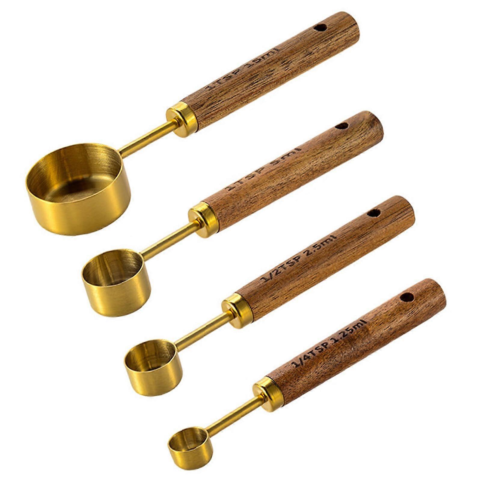 Measuring Spoon Set Stainless Steel Teaspoon Set Of 4 With Wooden Handle And Scale Gold For Spices Baking Liquids