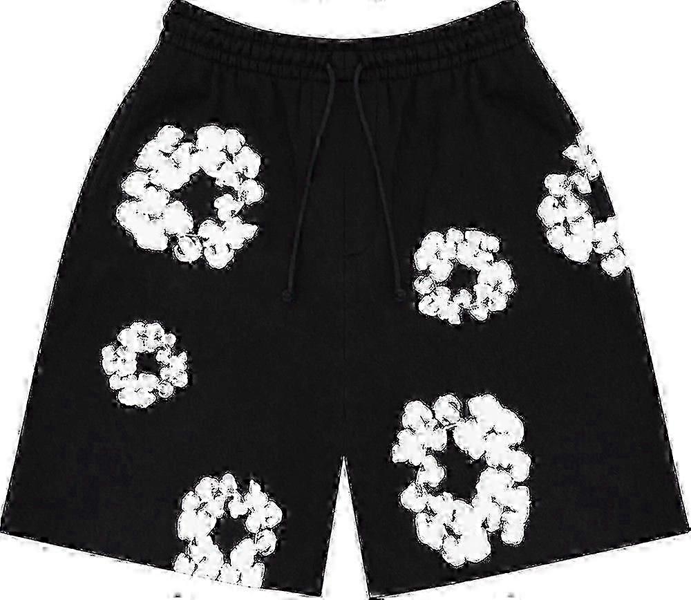 Men's Floral Elastic Waist Shorts with Drawstring, Pockets for Beach & Casual Black-Good
