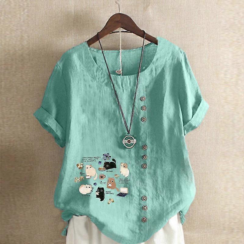 Women's Fashion Cute Cat Prined Short Sleeve T-shirt Loose Cotton