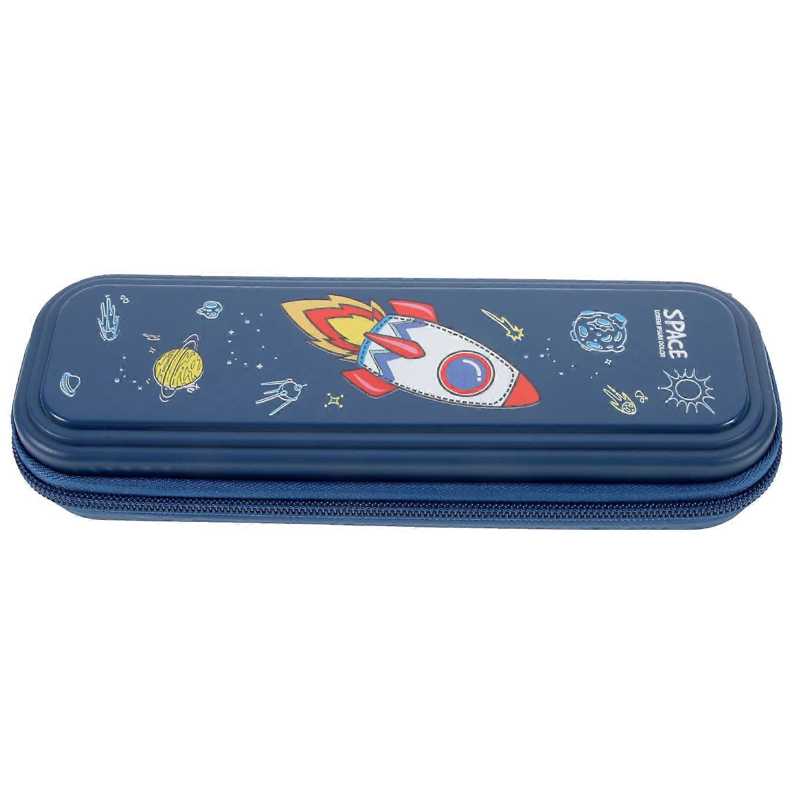 Dark Blue Cartoon Style Pencil Case Large Capacity For Office Use 3D Rocket Shape 1Set
