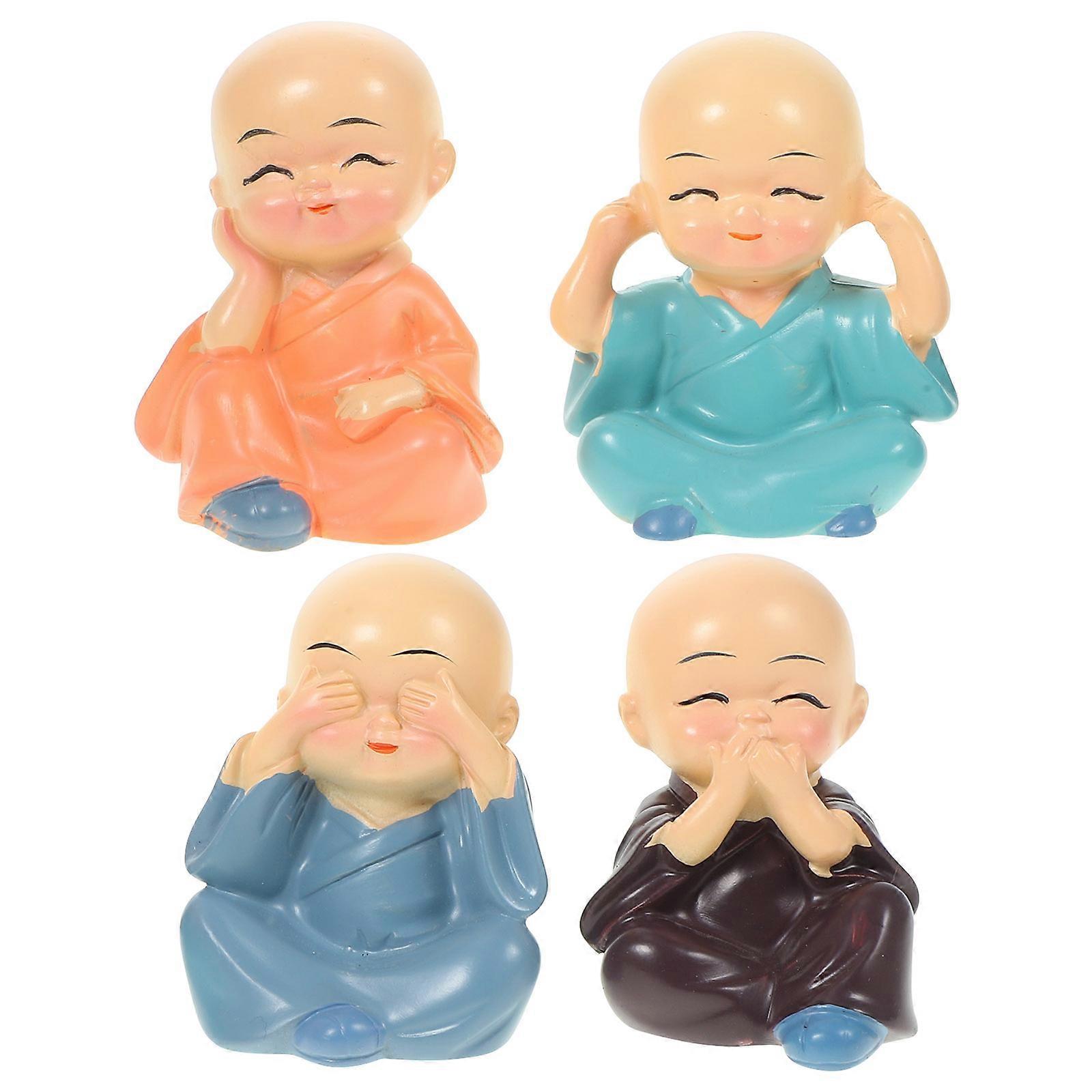 4pcs Cute Monk Figurines, Buddha Statues Dashboard Ornaments, Office Shelf Decor, Zen Craft Collectibles with Vivid Detailed Design for Home