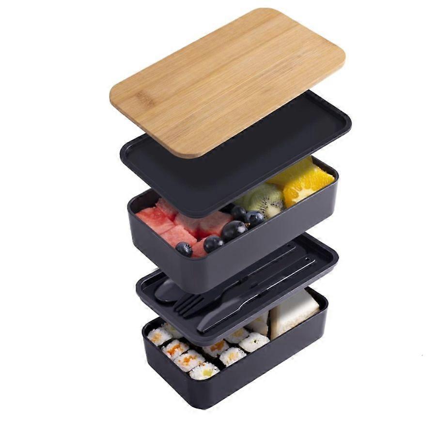 Bamboo Bento Box with Dividers and Cutlery, Double Layer Stackable Lunch Box - Black
