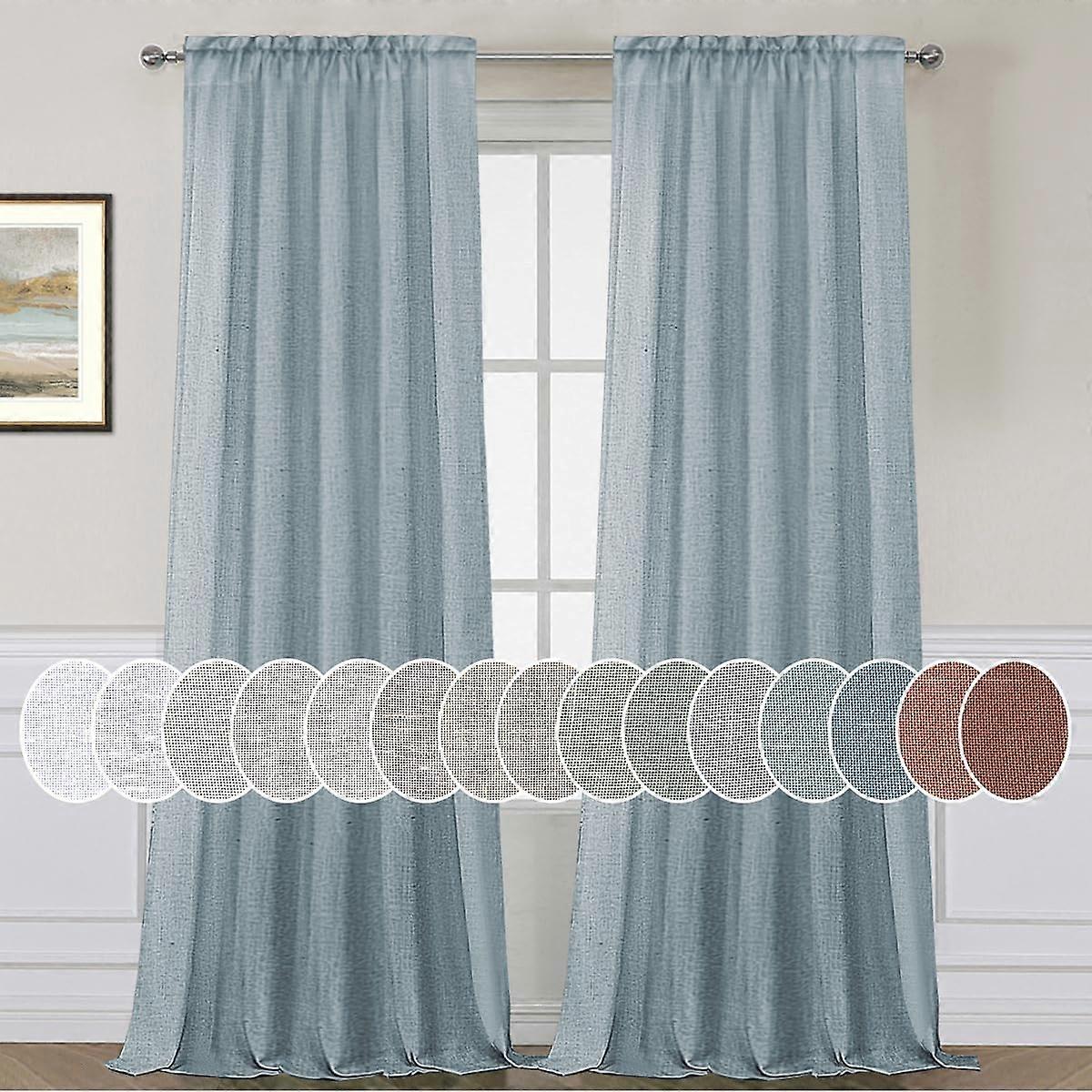 Natural Linen Sheer Curtains 2 Panels, Rod Pocket Semitransparent Semi-sheer Soft Comfort Privacy Drapes,stone Blue