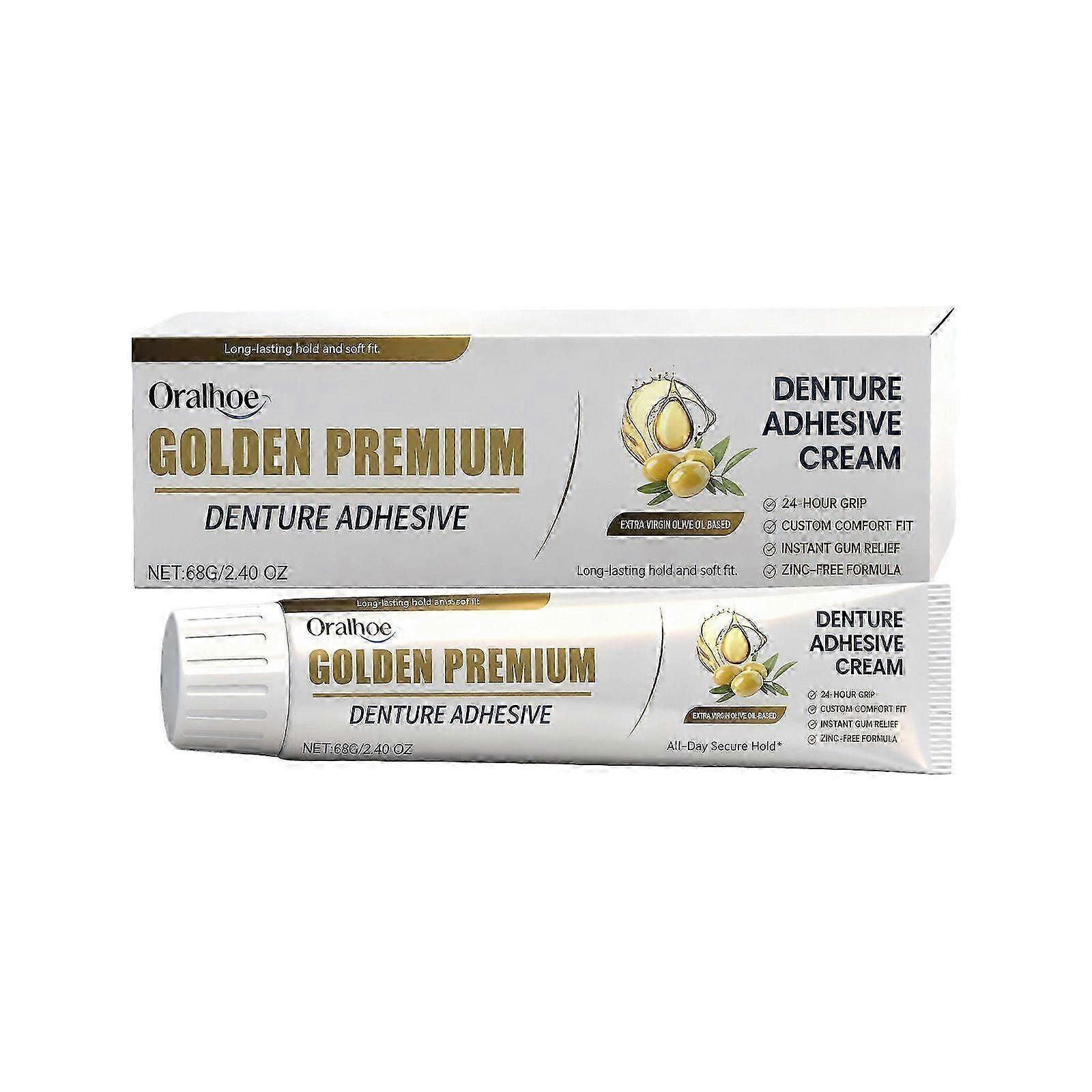 Gold Denture Adhesive, Olive Oil Based Premium Denture Adhesive Cream for Full and Partial Dentures, All Day Secure Hold Denture Glue, Zinc Free