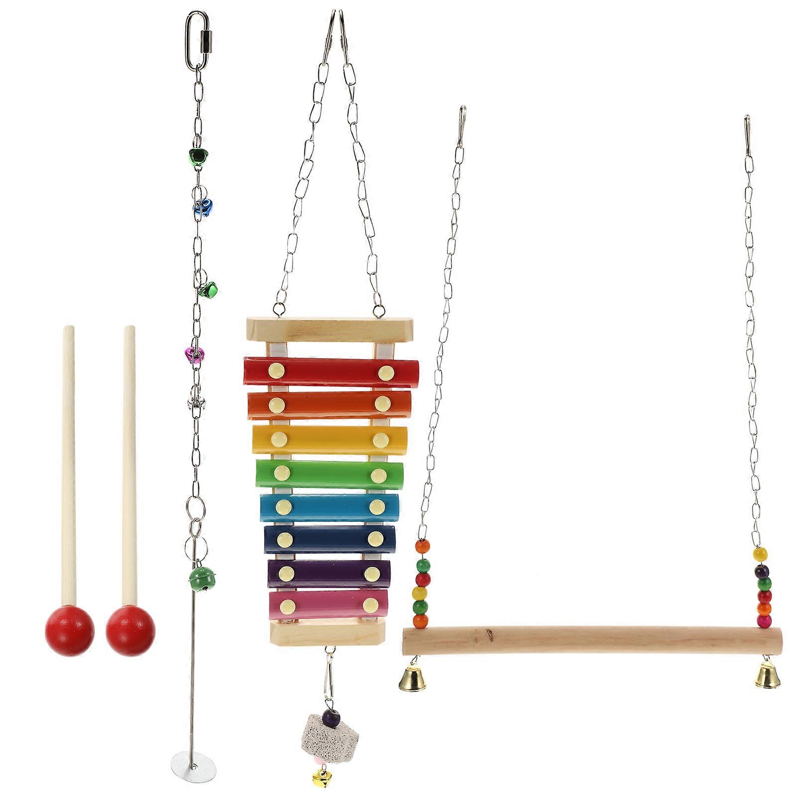 Bird Xylophone with Parrot Swing and Fruit Skewer Toy Set for Pets 6Pcs