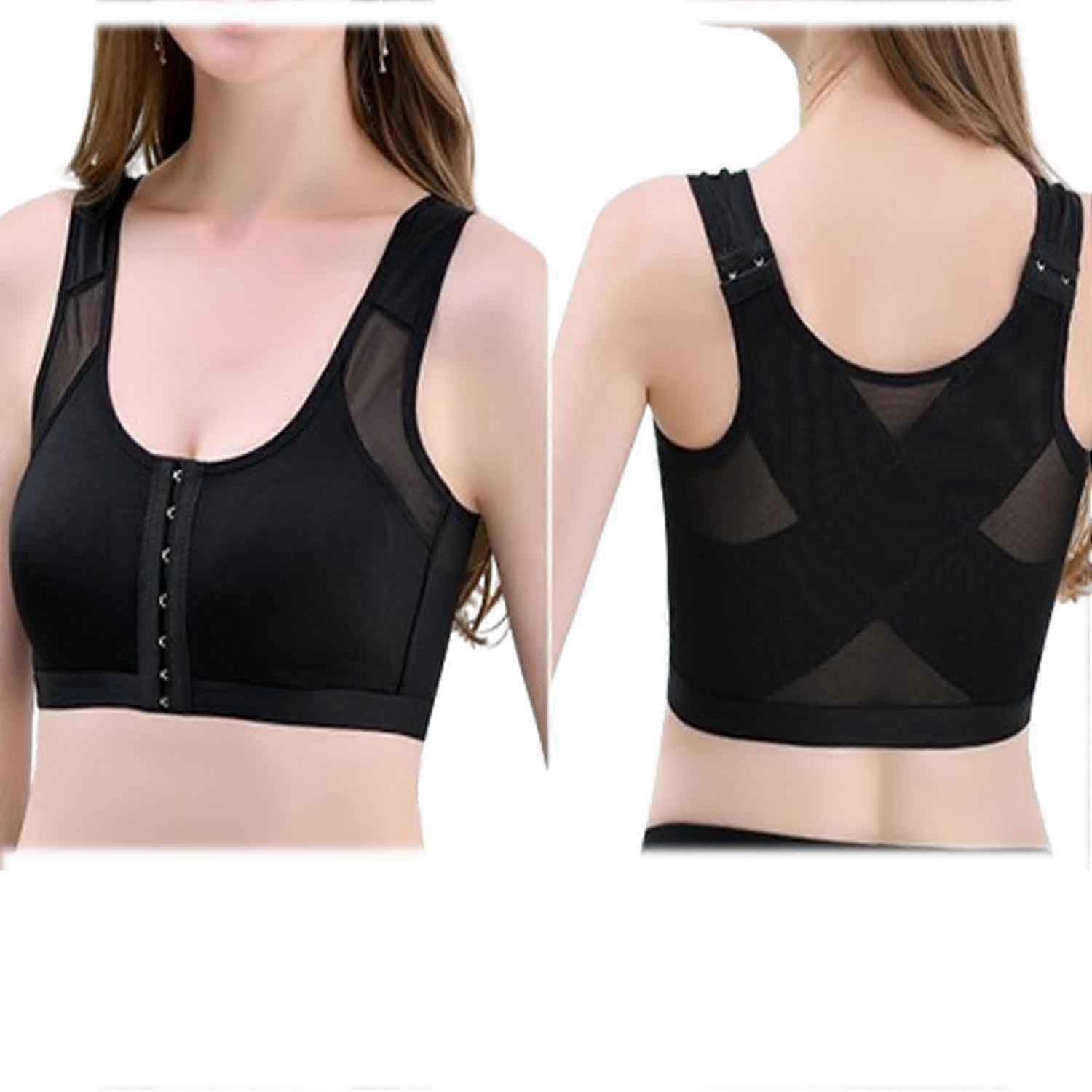 Adjustable Support MultiFunction Bra With Front Buttons Front Closure Wireless Posture Correction XXL Black 2Pack