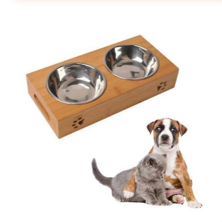 Bird Cage Bird Baths Cat Dog Pet Stainless Steel Feeding And Drinking Bowls Combination With Bamboo Frame Size:l