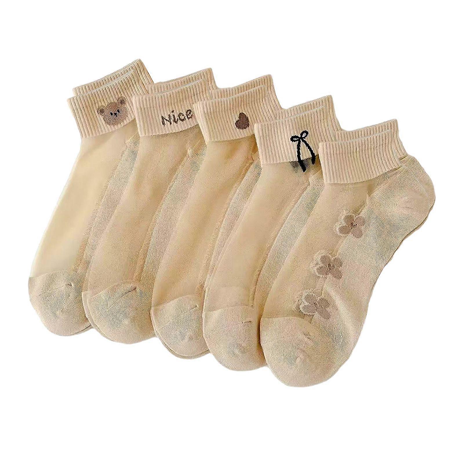 5 Pairs Women's Sheer Mesh Socks Cartoon Pattern Summer Ultra Thin Lace Socks Non-slip Invisible See Through Ankle Socks