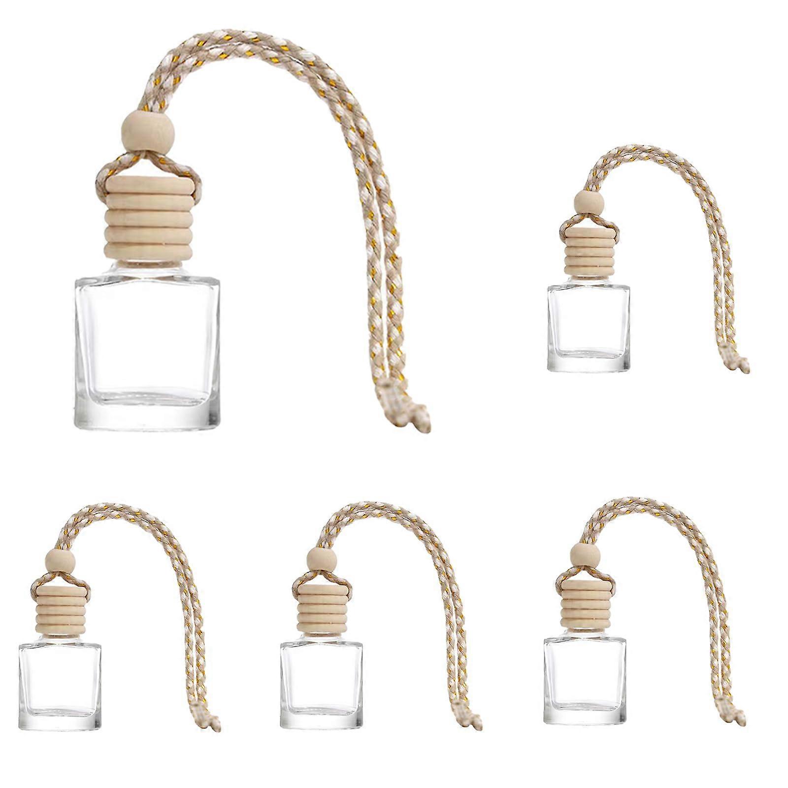 Car Air Freshener 5Pack Empty Glass Perfume Bottles With Wooden Caps And Hanging Diffuser String