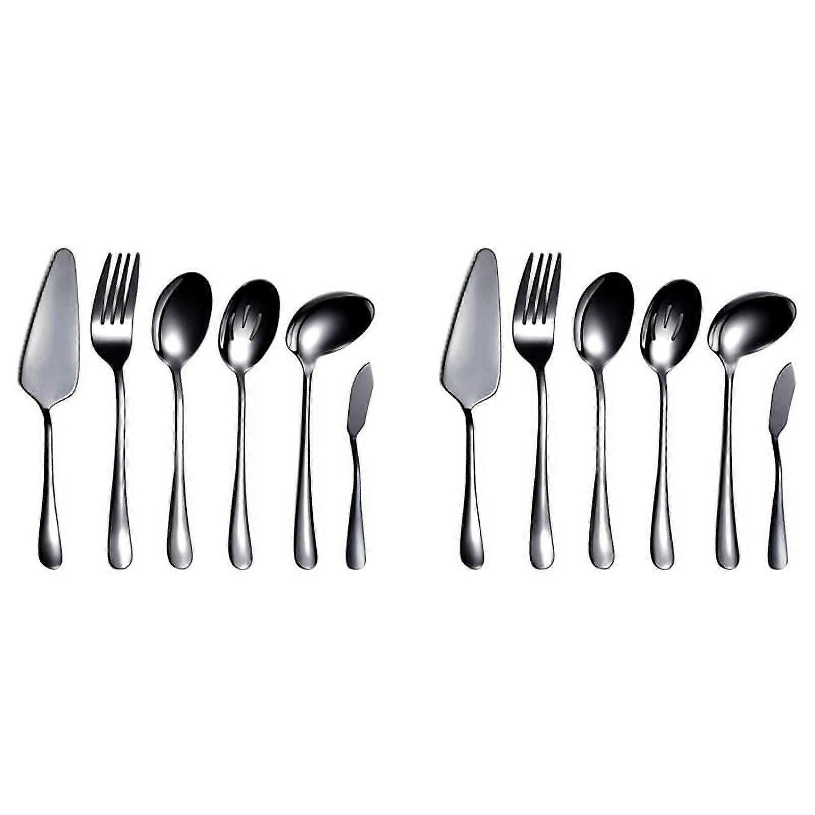 12-Piece Serving Flatware Silverware Set, Serving Utensil Set,Include Cake Server, Slotted Serving Spoon Black