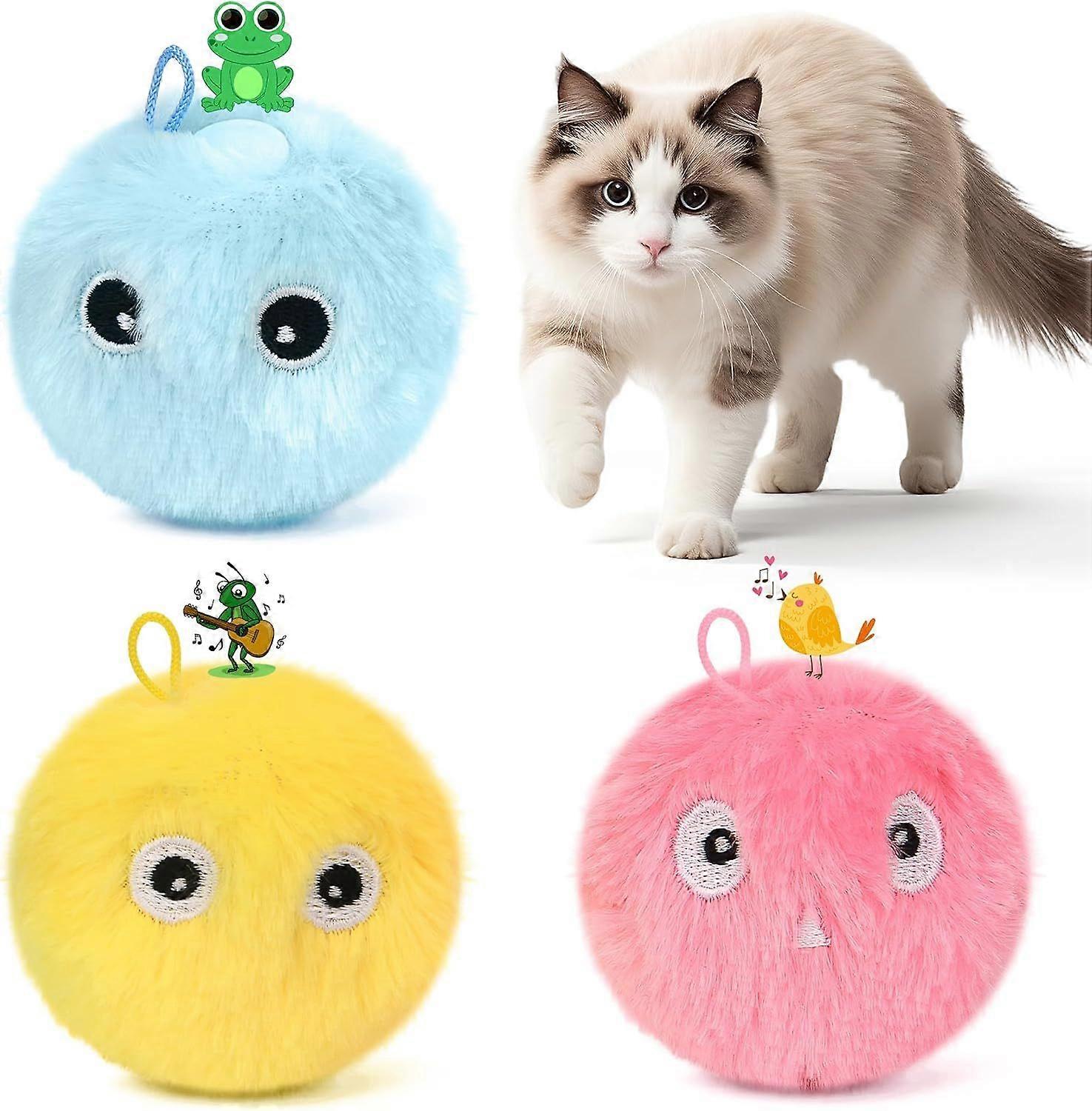Chirping Cat Toy Balls, Upgraded 3 Pack Fluffy Interactive Cat Kicker with 3 Lifelike Animal Sounds, Battery-Operated, Auto-Activated, Perfect for Ind