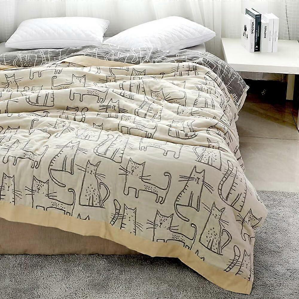 Muslin Cotton Throw Blanket with Cartoon Cat Print, 4Layer Soft Gauze for Couch or Bed, Yellow 60'x80'