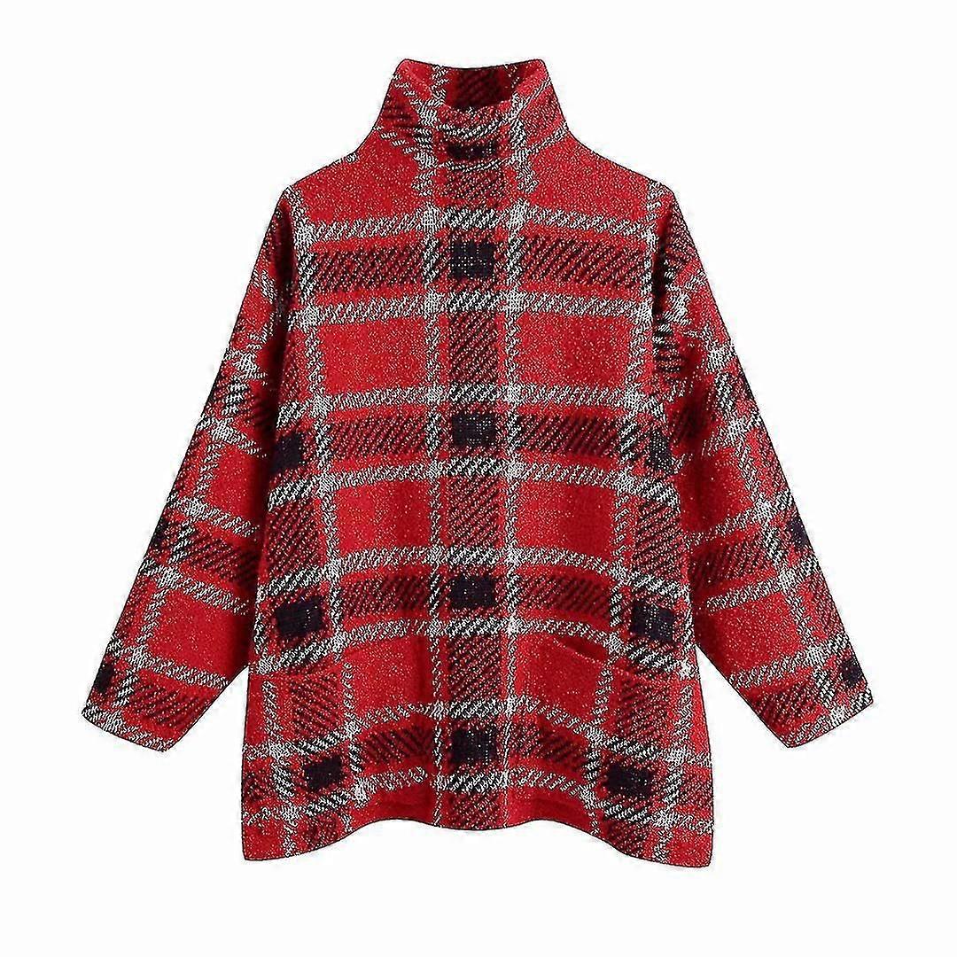 Damen Rot Karierter Pullover Rollkragen