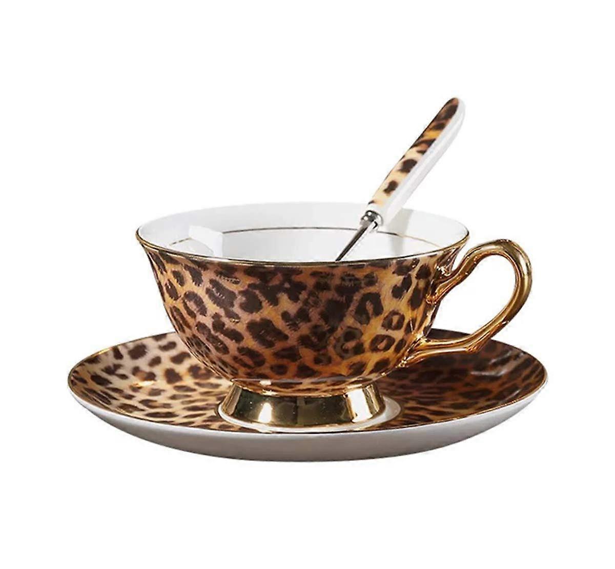 Elegant Leopard Pattern Bone China Cup and Saucer Set with Gold Rim for Wedding and Home Use