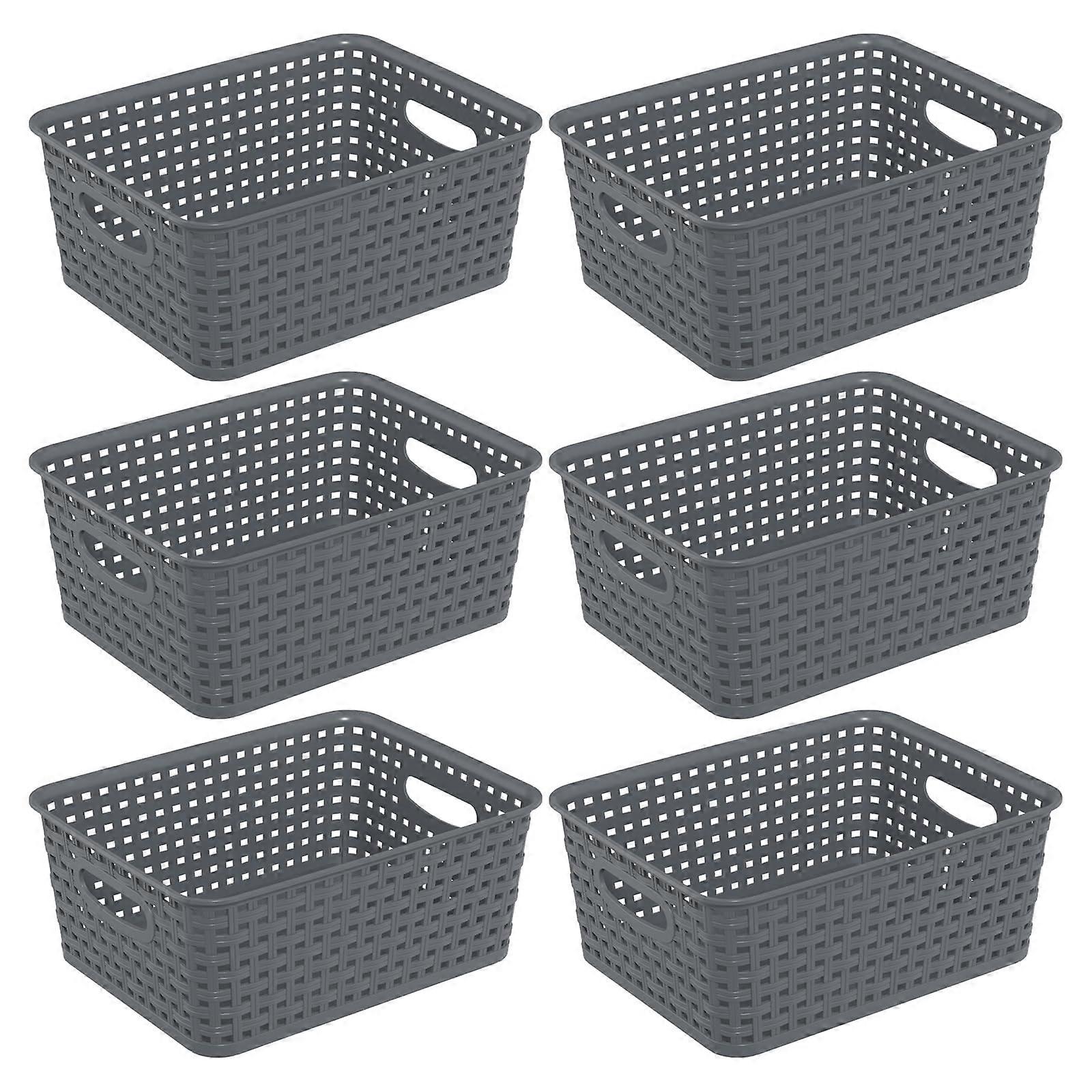 6Pack Gray Stackable Plastic Storage Baskets with Handles for Kitchen and Pantry Organization