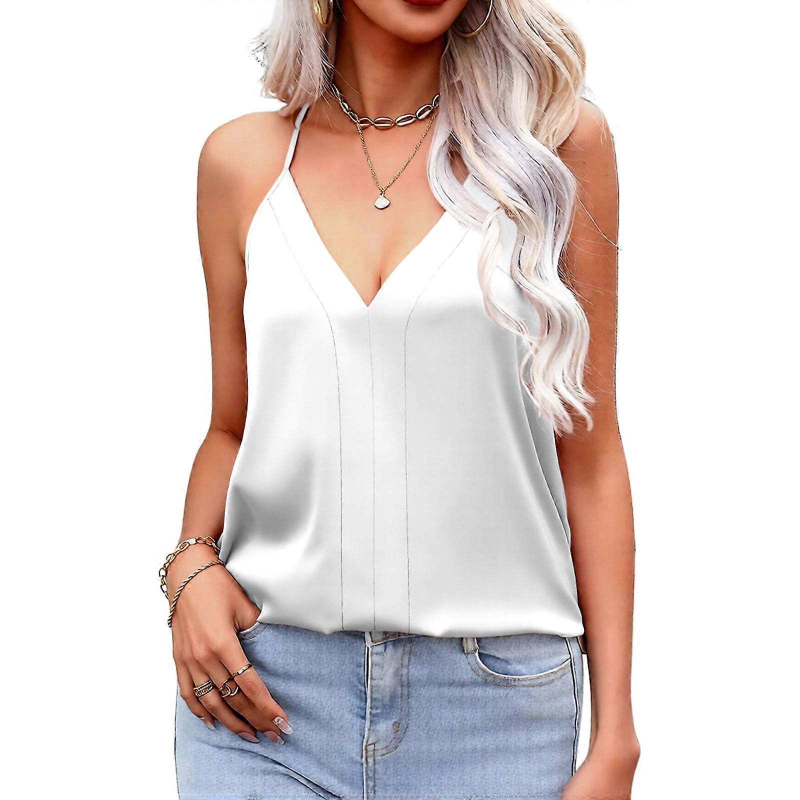 Womens Tank Tops V Neck Sleeveless Camisole Cami Spaghetti Straps Blouse Loose Racerback Shirt  White XL