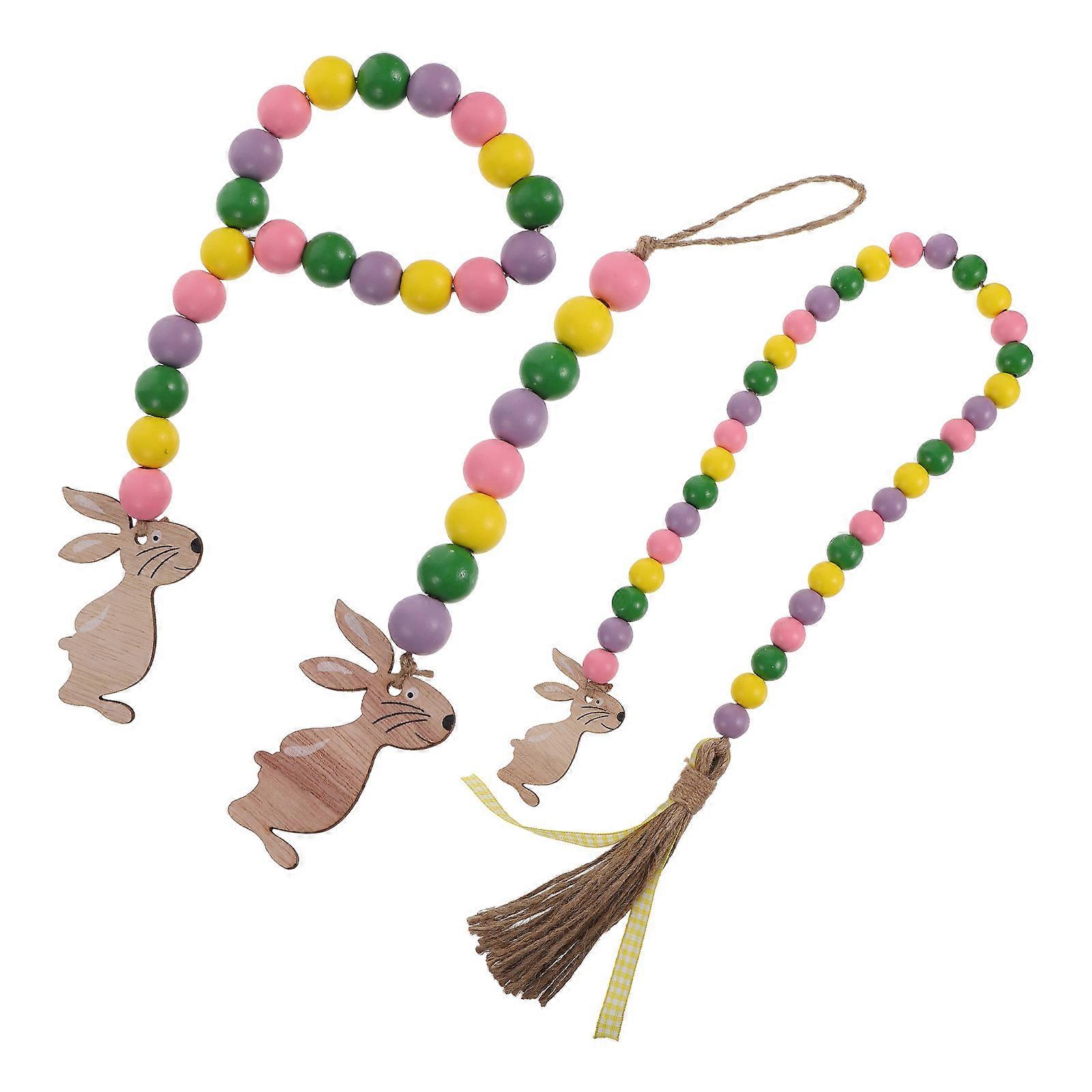 Colorful Tassel Wooden Bead Decor for Hanging 3Pcs Easter Rabbit Strings