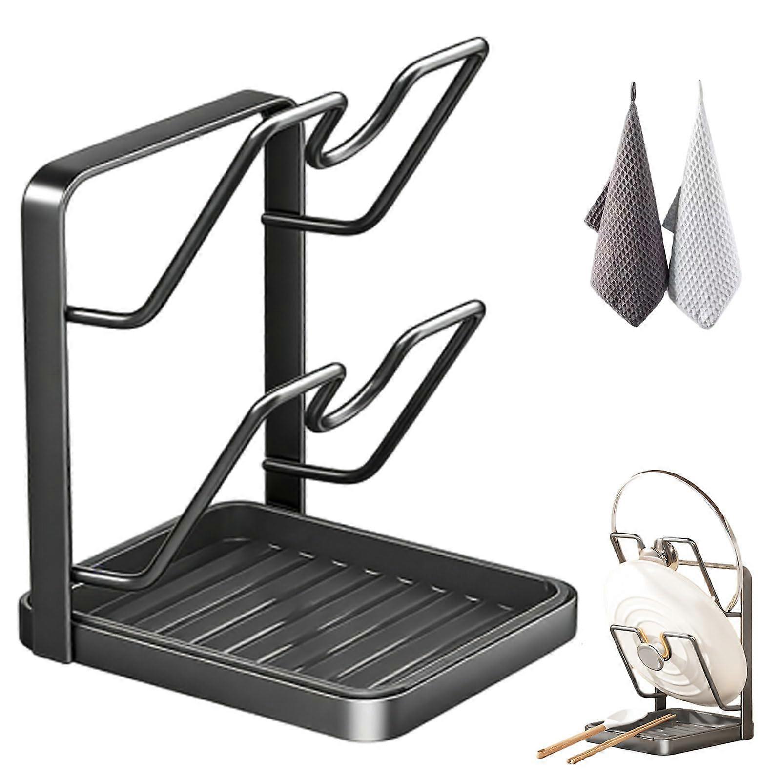 Pot Lid Organizer with Rust Resistant Steel Frame, Removable Drip Tray, Double Layer Countertop Stand