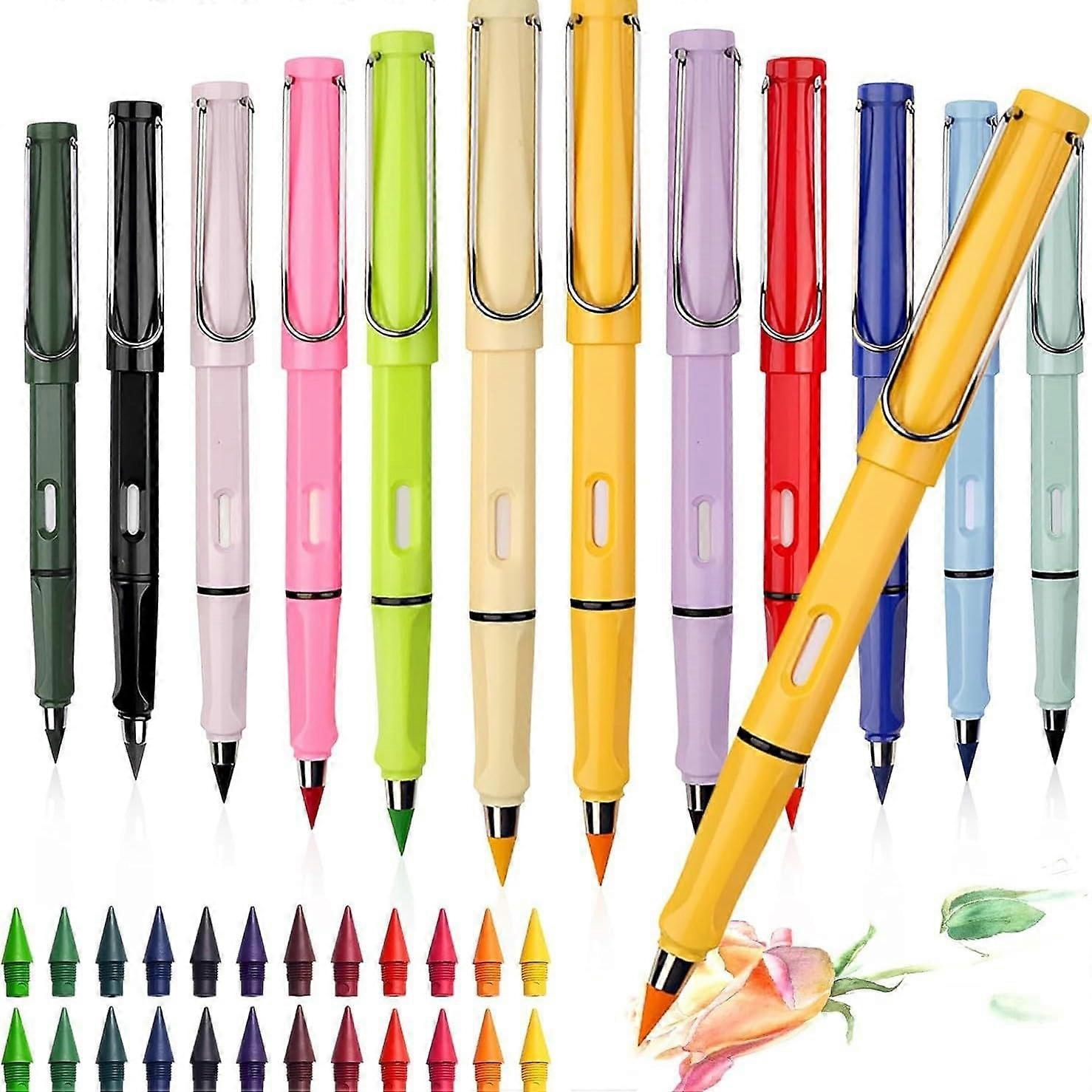 Inkless Pencil Set with 12 Colors, Replaceable Graphite Nibs and Eraser for Smooth Writing