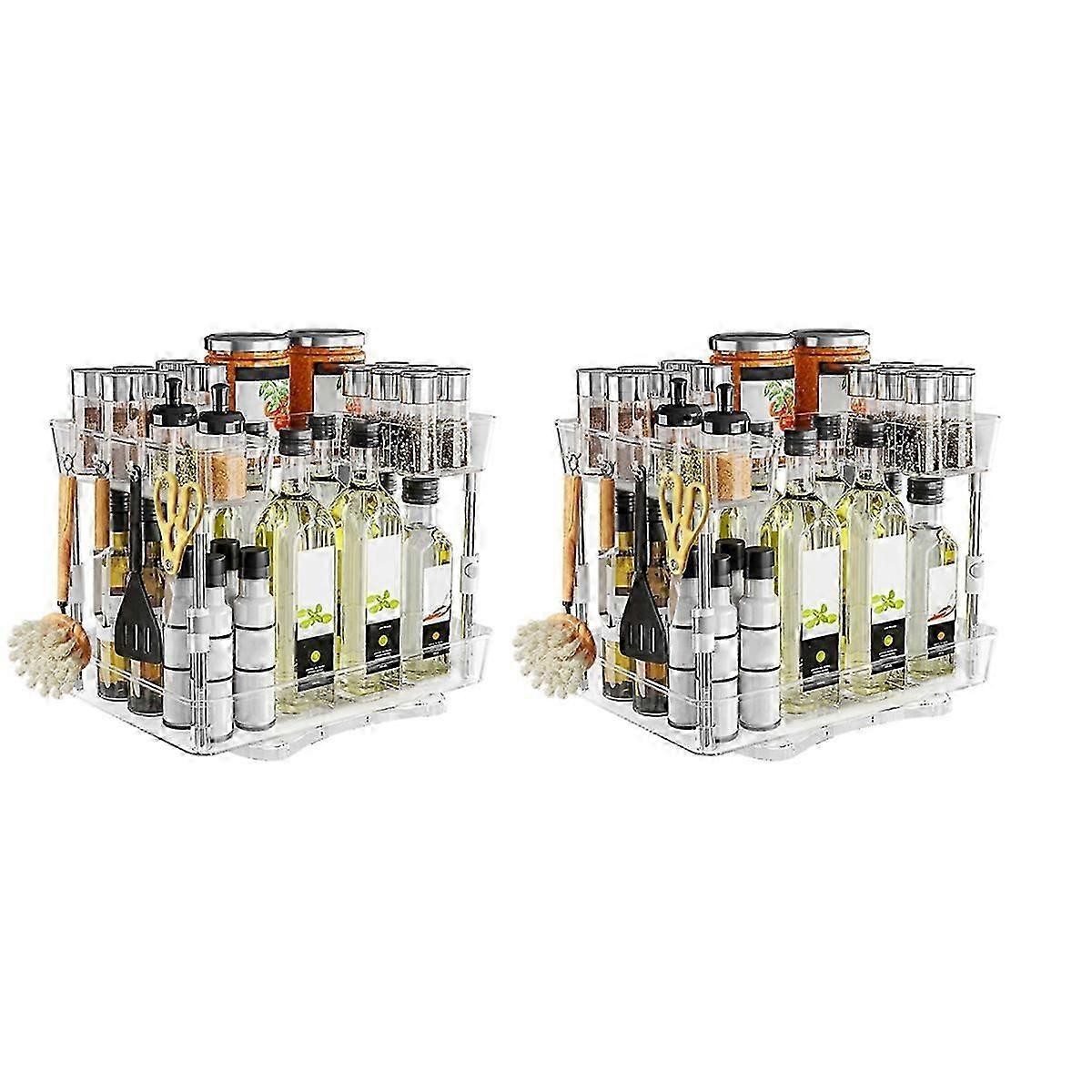 Double-Layer Rotating Rack Multi-Function Rotating Rack for Home Kitchen Height-Adjustable Rack with Hooks Two-Pack