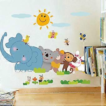 Adesivo de Parede Removível Heytea Cartoon Happy Playing Animals Elephant Monkey, Crianças Crianças Bebê Casa Quarto Berçário DIY Adesivo Decorativo Arte Wa