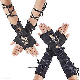 2 Pairs 2 Styles Black Fingerless Lace Long Gloves Women Adjustable Punk Lolita Short Glove Vintage Ripped Fairy Arm Warmers