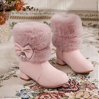 Pink Short Snow Boots with Fluffy Furry Top, Bow & Pearl Decoration, Versatile for Winter Date & Party