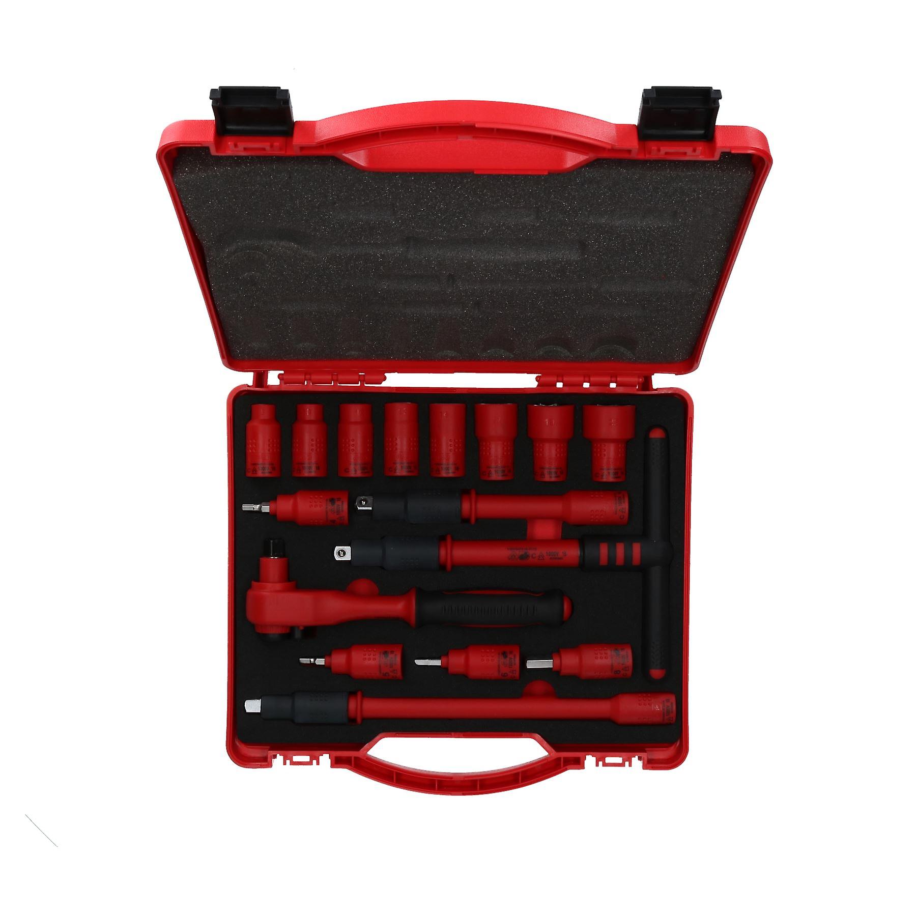 3/8" Drive Insulated VDE Tool Socket and Accessory Kit 16pc Metric Hex + T Bar