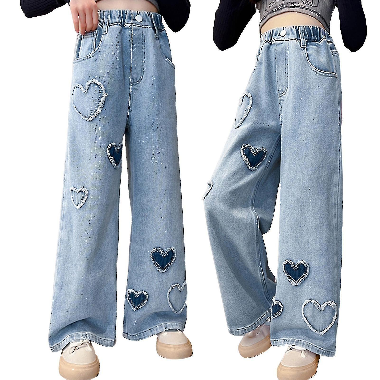 Girls Wide Leg Denim Pants Elastic Waist Pant Heart Pattern Print