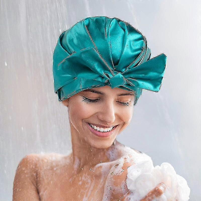 Shower Cap - Bowknot Double Layer Reusable Bath Hair Caps With Silky Satin