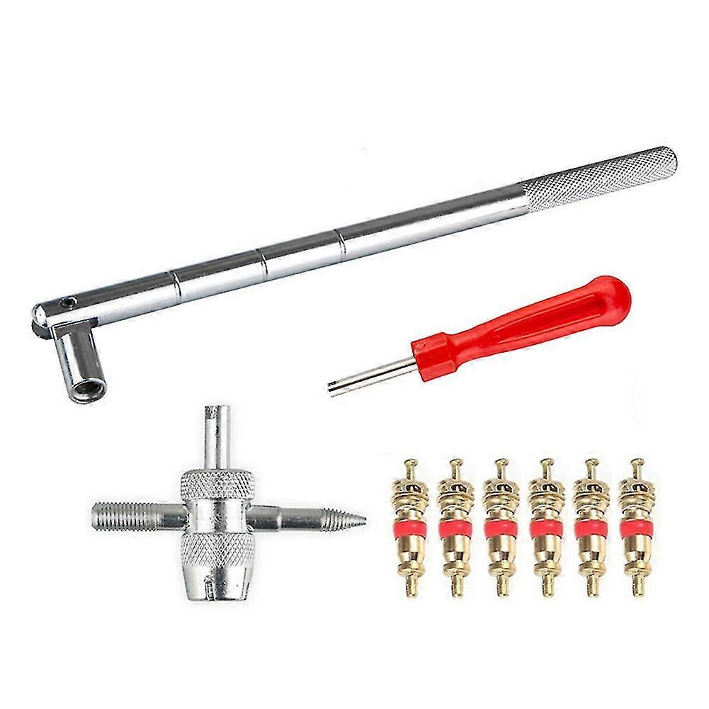 Valve Stem Removal Tool 6pcs Valve Cores 4-way Valve Tool Valve Core Remover Tackle Tire Repair Valve Tools Set