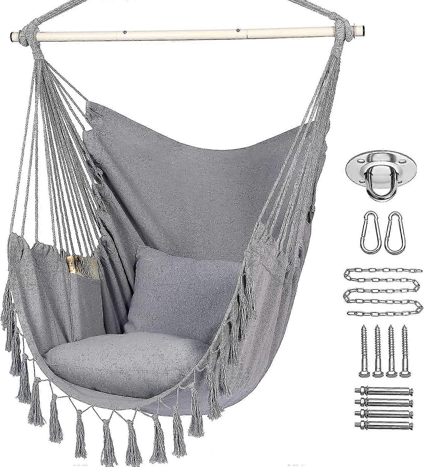 Hammock Chair Hanging Rope Swing,2 Cushions Included, With Pocket For Superior Comfort, With Hardware Kit (light Grey)