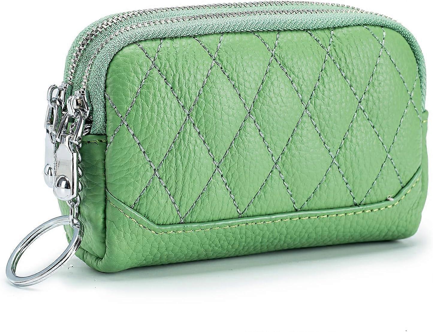Genuine Leather Coin Purse, Double Zipper Keychain Wallet Change Pouch Bag with Key Chain