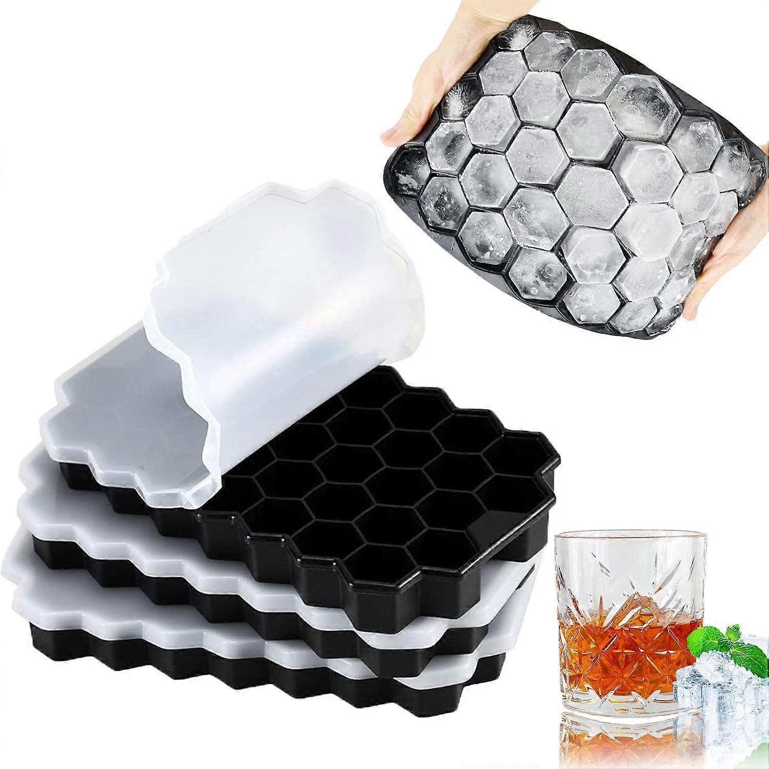 3 Pack Silicone Ice Cube Moulds with Stackable Lids, Easy Release Silicone and Each Makes 37 Hexagonal Ice Cubes