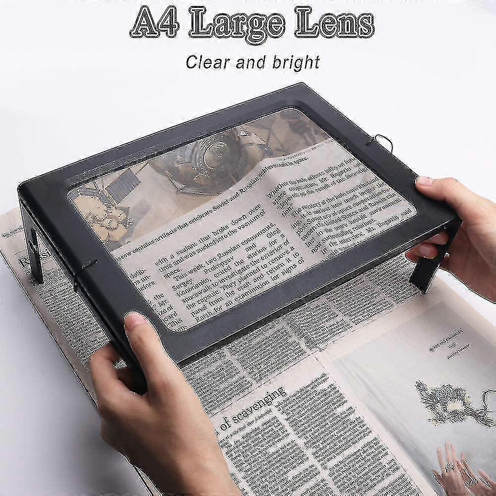 Reading Magnifier, Magnifying Glass With Light 3x Magnification Reading Aid With 4 Led Light For Elderly - A4 Rectangle With Folding Stand Hands Free