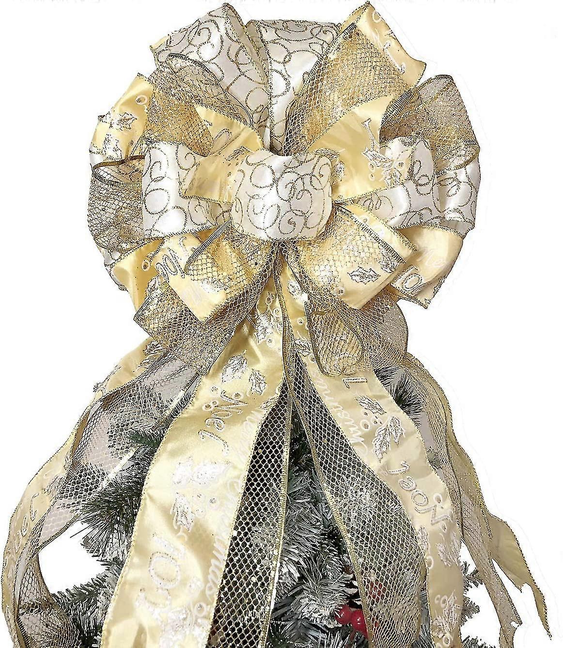 Christmas Tree Topper,13x34 Inches Large Toppers Bow With Streamer Wired Edge For Christmas Decoration (rose Gold)