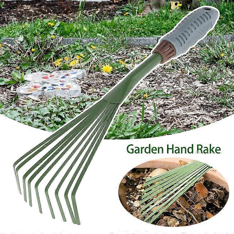 9 Teeth Garden Rake 15.5 Inch Grass Rake Hand Rake Leaf Broom with Lightweight Ergonomic Comfort Grip Cleaning Rake Pet green