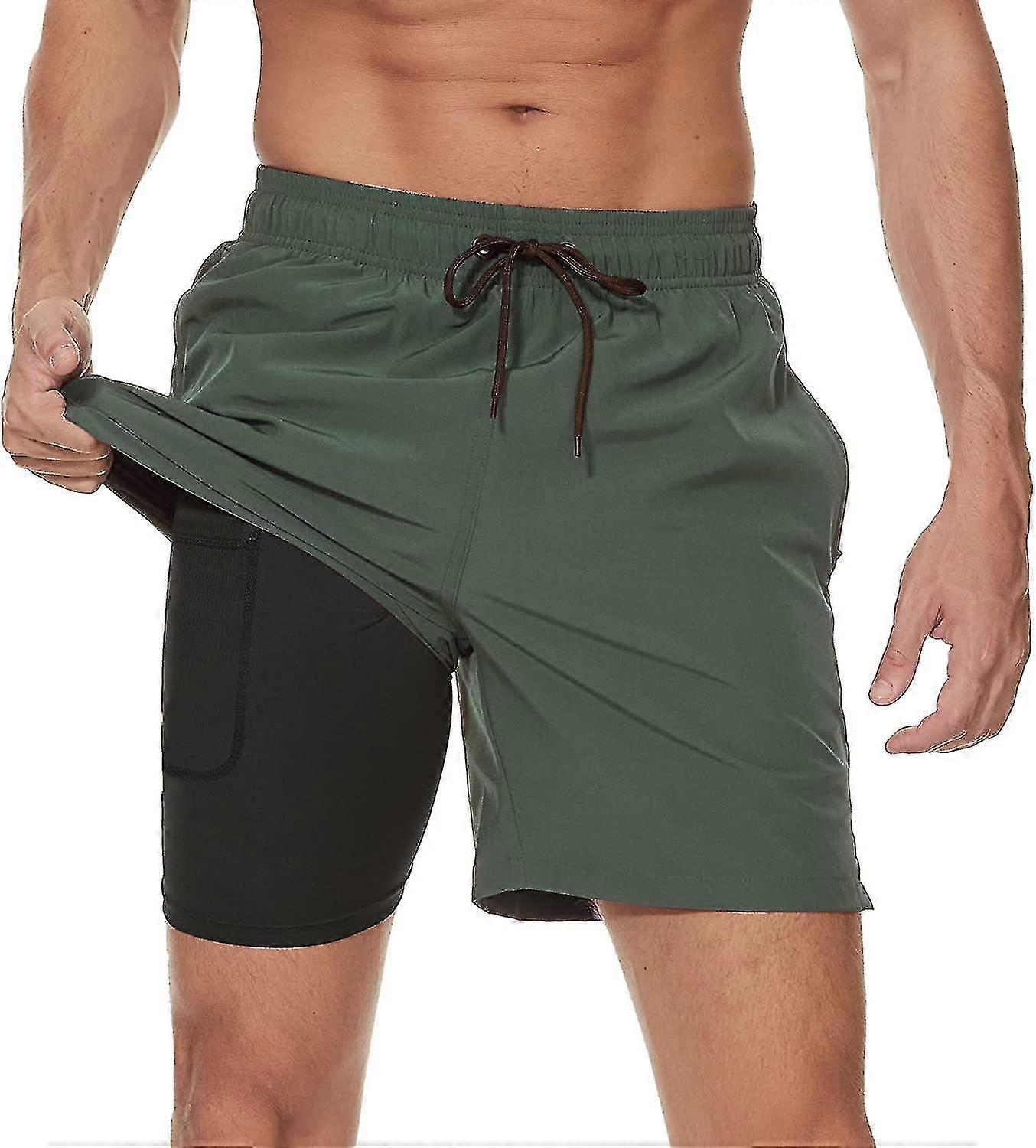 Men's Swim Trunks With Compression Liner 2 In 1 Quick Dry Mens Swim Shorts With Boxer Brief Lined Surfing Stretchy Beach Shorts With Zipper Pockets Xi