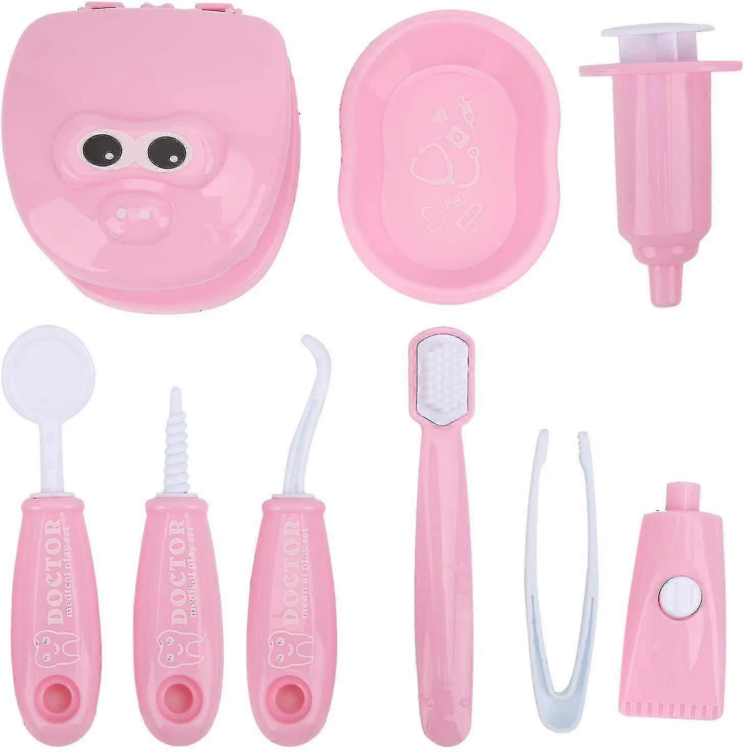 9pcs أدوات طبيب الأسنان الأطفال التظاهر لعب طبيب الأسنان تحقق لعبة نموذج الأسنان، لعبة التعليمية (الوردي)