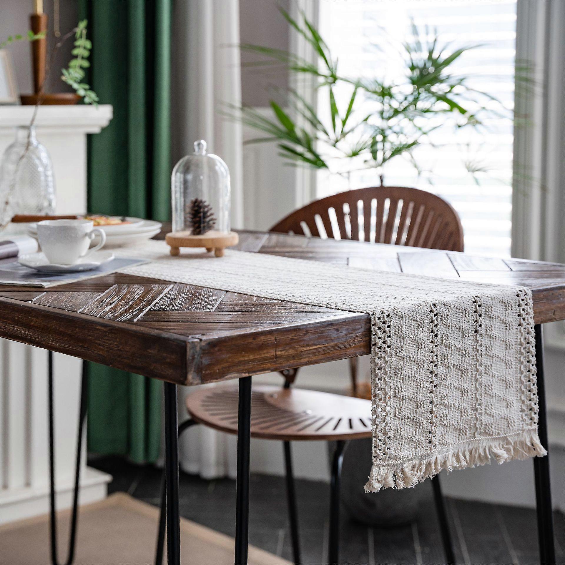 Macrame Table Runner Boho Cotton Flax Table Runner with Tassels, Rectangular Crochet Lace Mesh Tablecloth