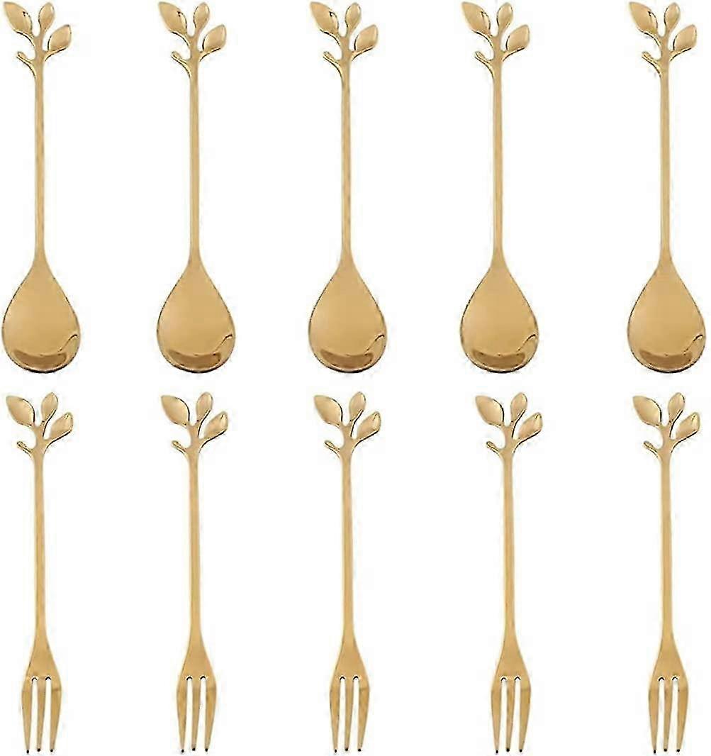 Stainless steel leaf coffee stirring spoon Food tableware fork (spoon + fork) 10 pcs