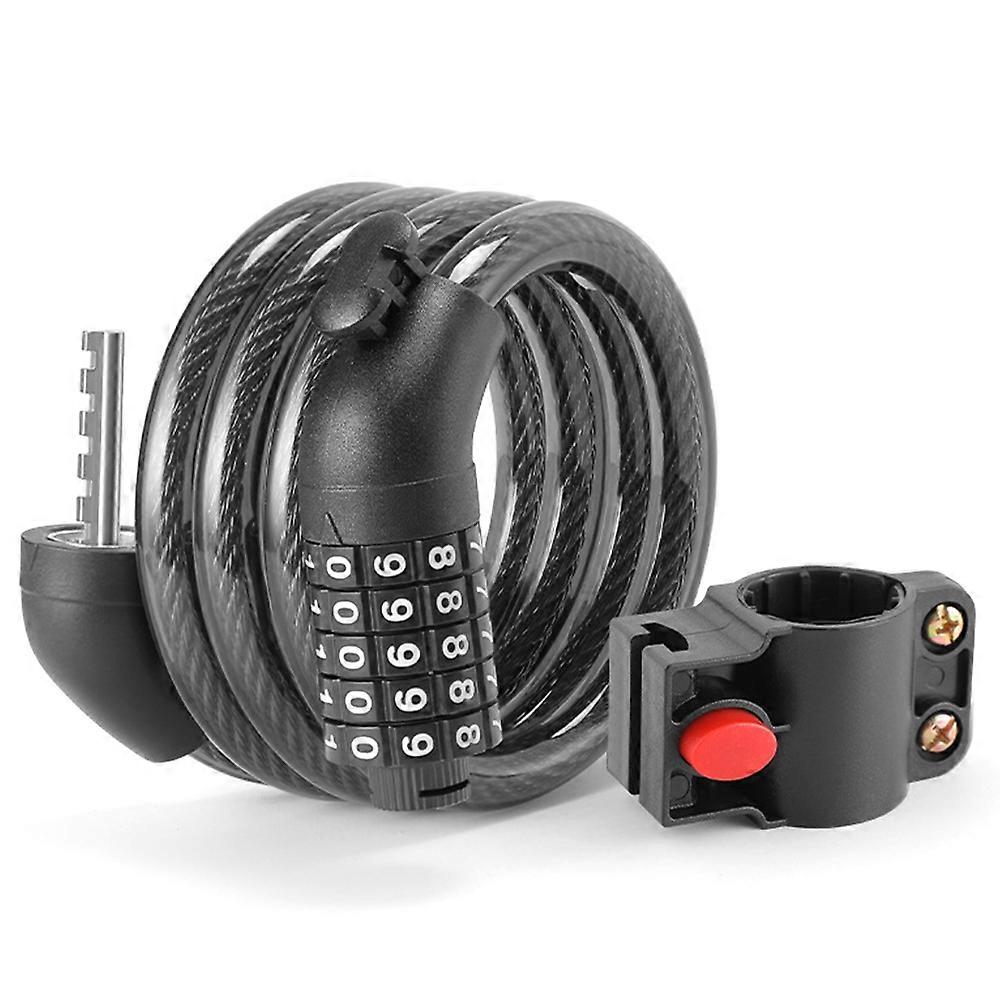 Bicycle Lock Cable 1000mm*11mm 5-Digit Combination with Mounting Bracket for Bikes E-Bikes - Black