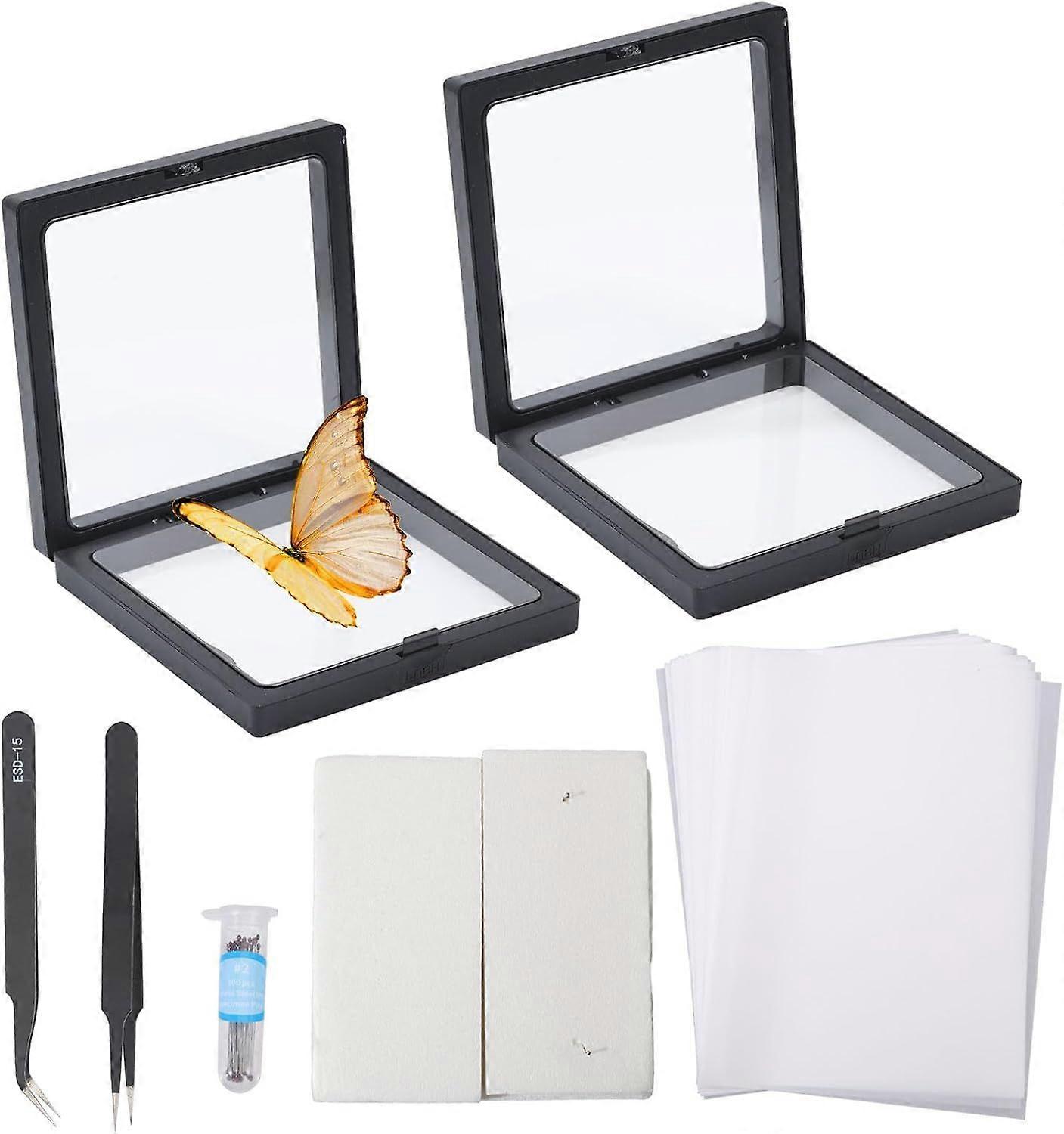Insect Pinning Kit 2pcs Square Insect Collection Box Set with 1 Sheet EVA Foam Board 100Pcs Insect Pins 40 Sheets A5 Artists Tracing Paper 2pcs Curved