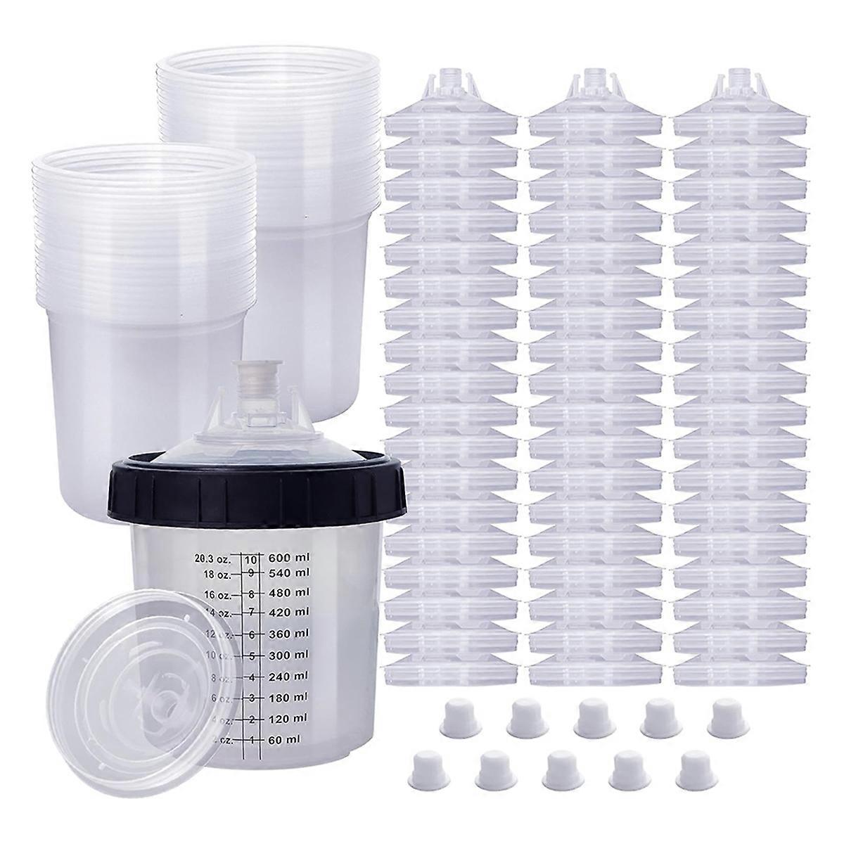 Paint Sprayer Mixing Cup, 20 Ounce (600ml) Kit with 55 Cups and Lids System, 1 Hard Cup with Retainer Ring and 10 Plugs