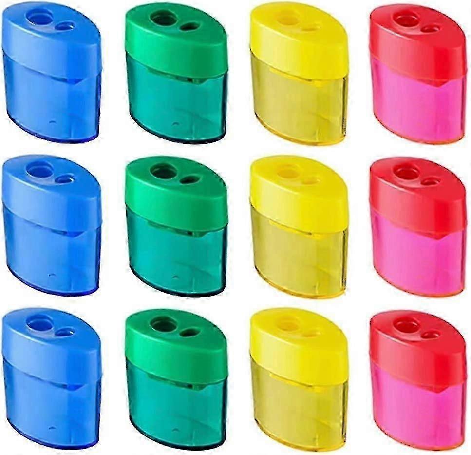 12pcs Plastic Manual Double Hole Pencil Sharpener With Lid Pencil Tool (random Color)