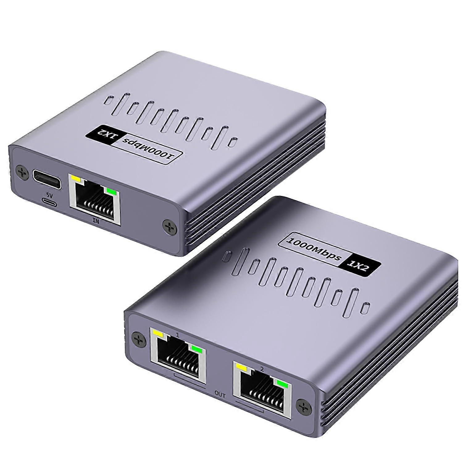 Gigabit Ethernet Splitter 1 to 2 High Speed 1000Mbps RJ45 LAN Splitter with USB Power Cable for Cat5/5e/6/7/8 Cables