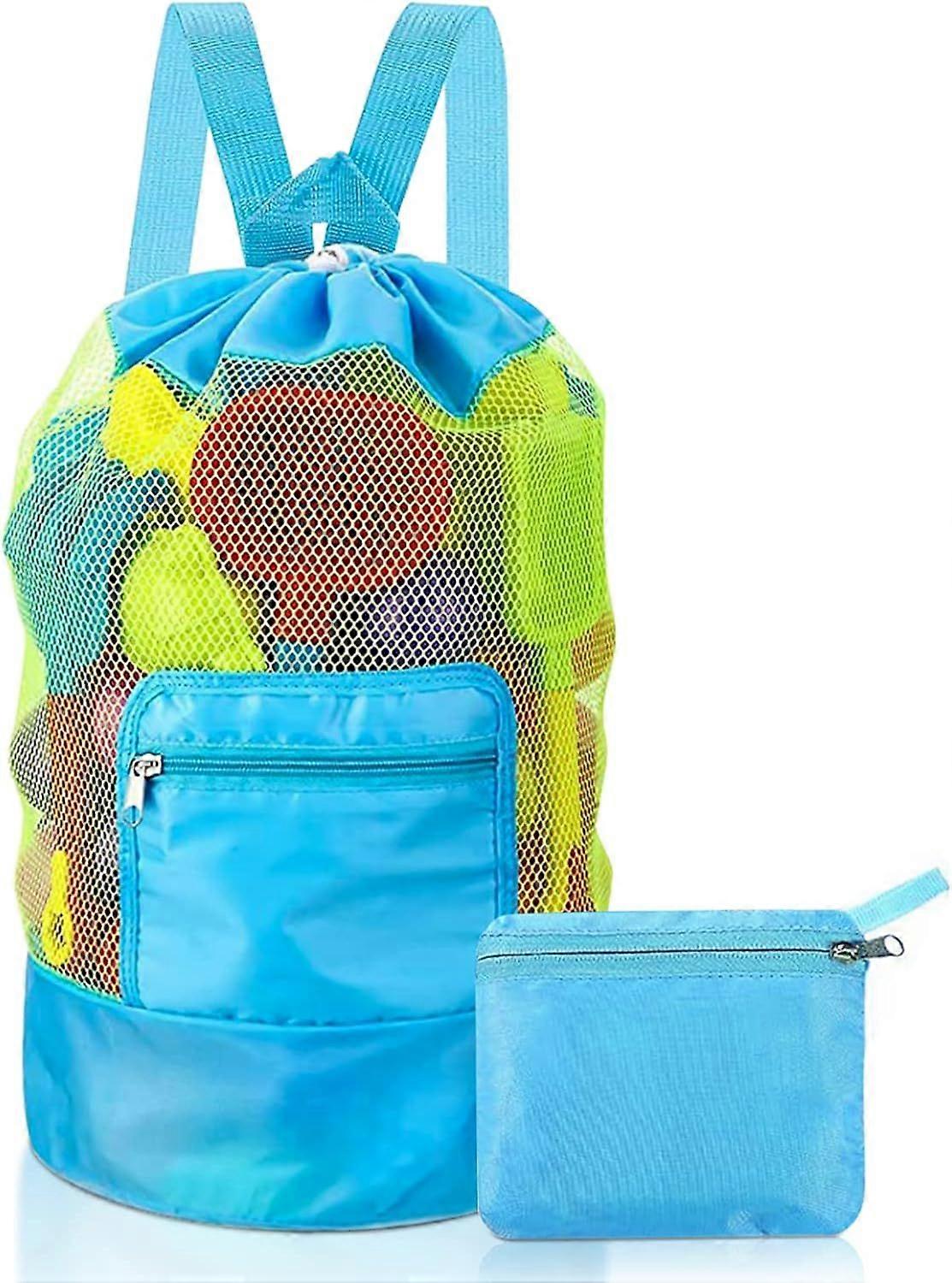 Mesh Beach Toy Bag, Beach Toy Storage Bag Large Nylon Drawstring Kids Backpack Foldable Mesh Beach Bag, for Carrying Toys and Towels (Blue)